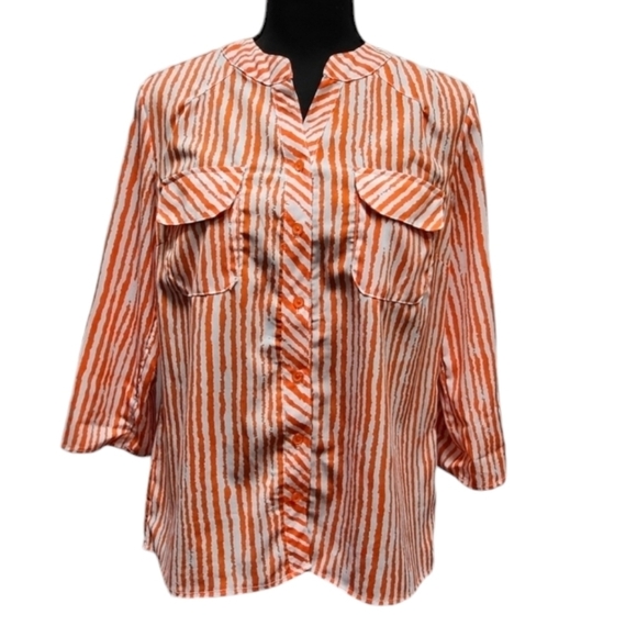 Notations Stripped Orange & White Button Up Top 97% Polyester 3% Spandex Sz S - Picture 1 of 8